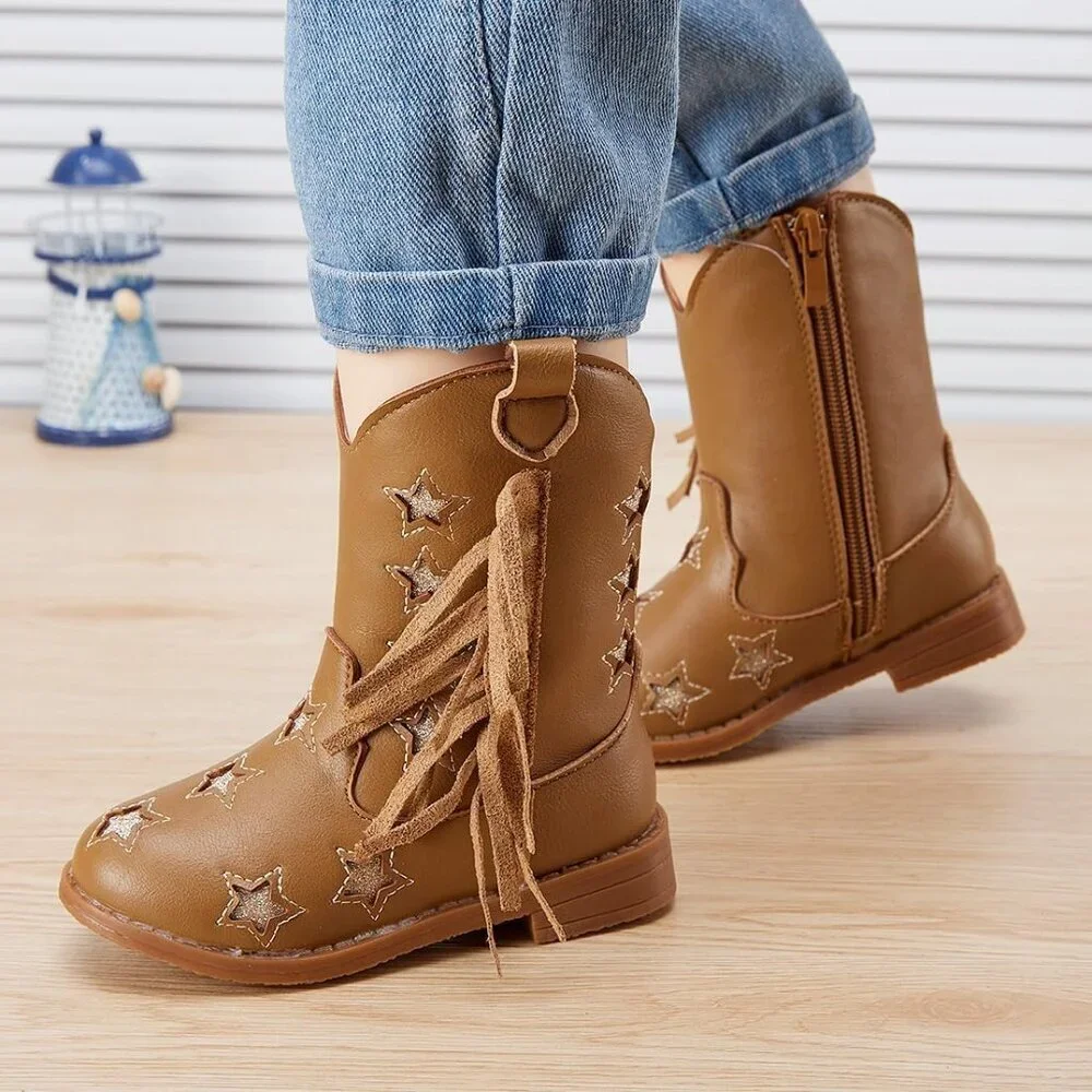 Girls 1-Camel Microfiber Little Kids Mid Calf Western Pointed Toe Riding Boots
